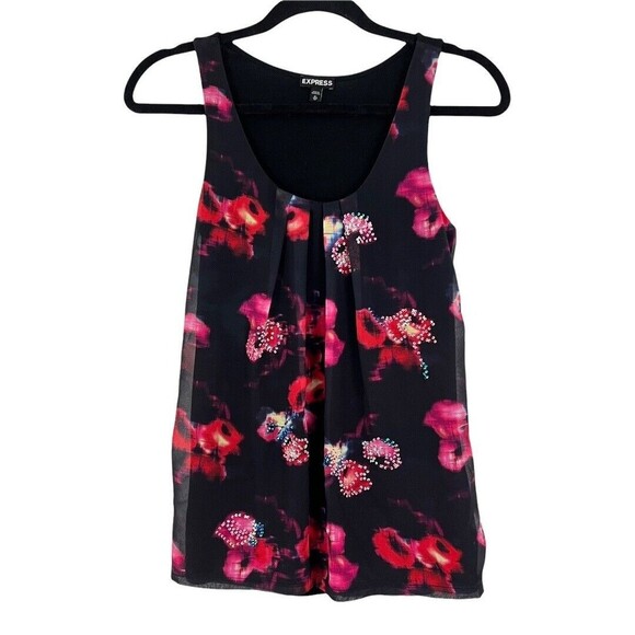 Express Womens Size XS Black Pink Floral Sequins Embellished Tank Top - Picture 1 of 4